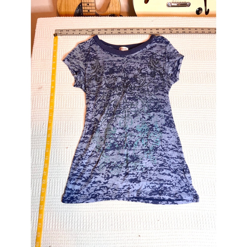Mossimo Supply Co Blue Burnout Scroll Graphic Tee Y2K Slim Fit Scoop Neck Medium
